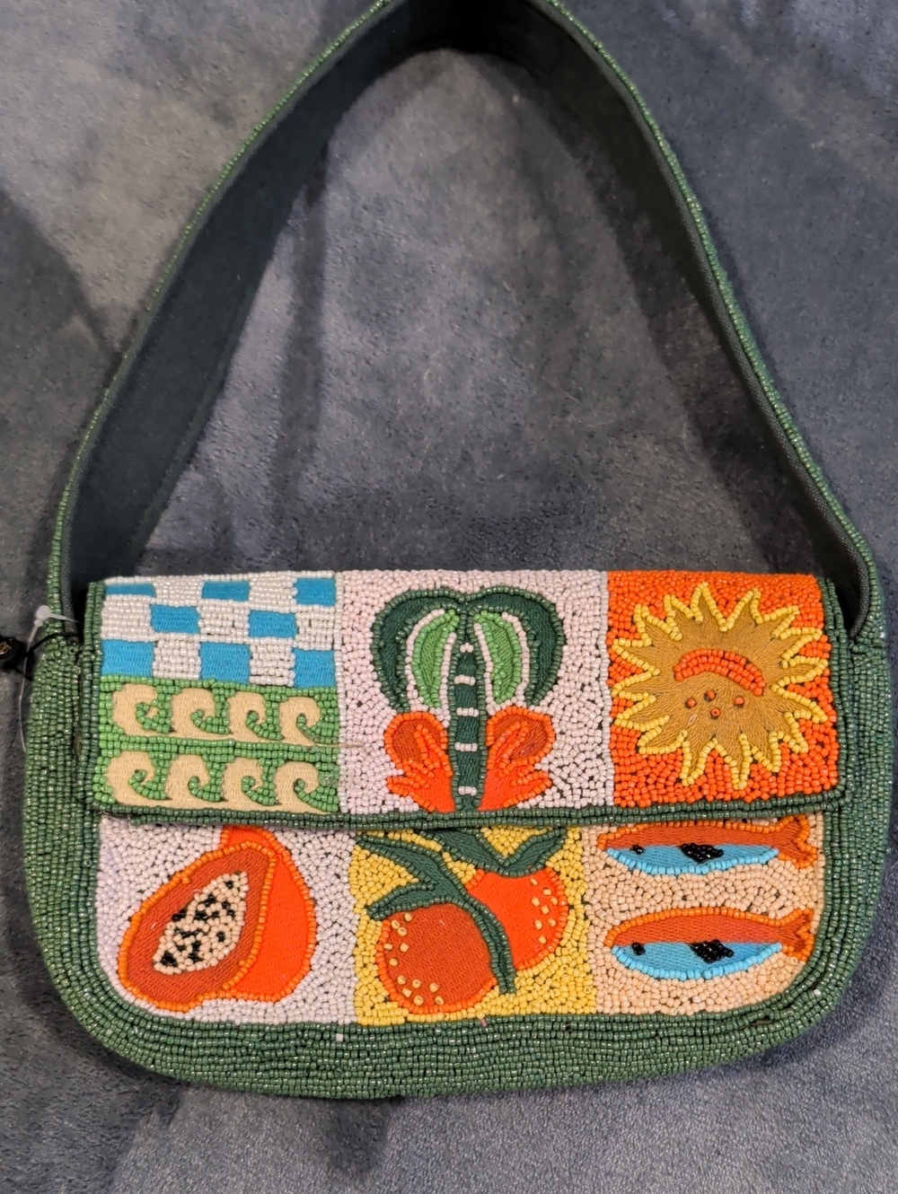 America & Beyond Hand-Beaded Tropical Motif Shoulder Bag in Green and Orange